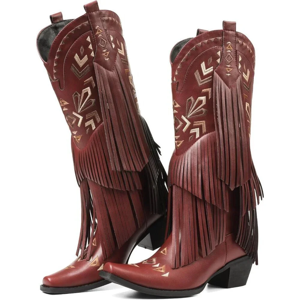 Women's Wine Red Cowgirl Boots Imported Polyester Knee High Pull-on Fringe Boots